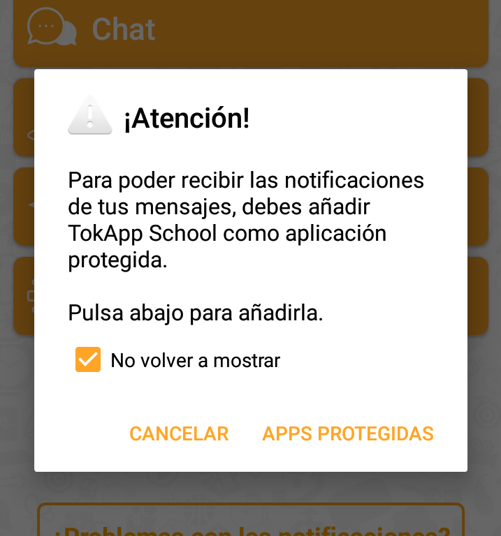 En el mensaje de “atención”, hacer click en “apps protegidas” y darle permiso a Tokapp para recibir mensajes.